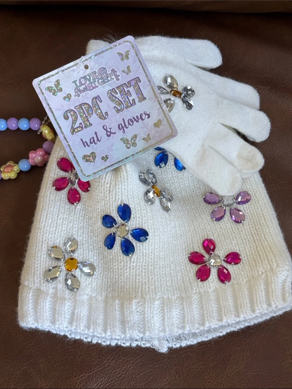 Love White Kids Hat & Gloves Set with Multicolor Gem Flowers